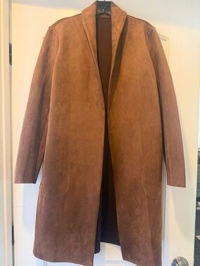Tahari Brown Suede Long Open-Front Coat